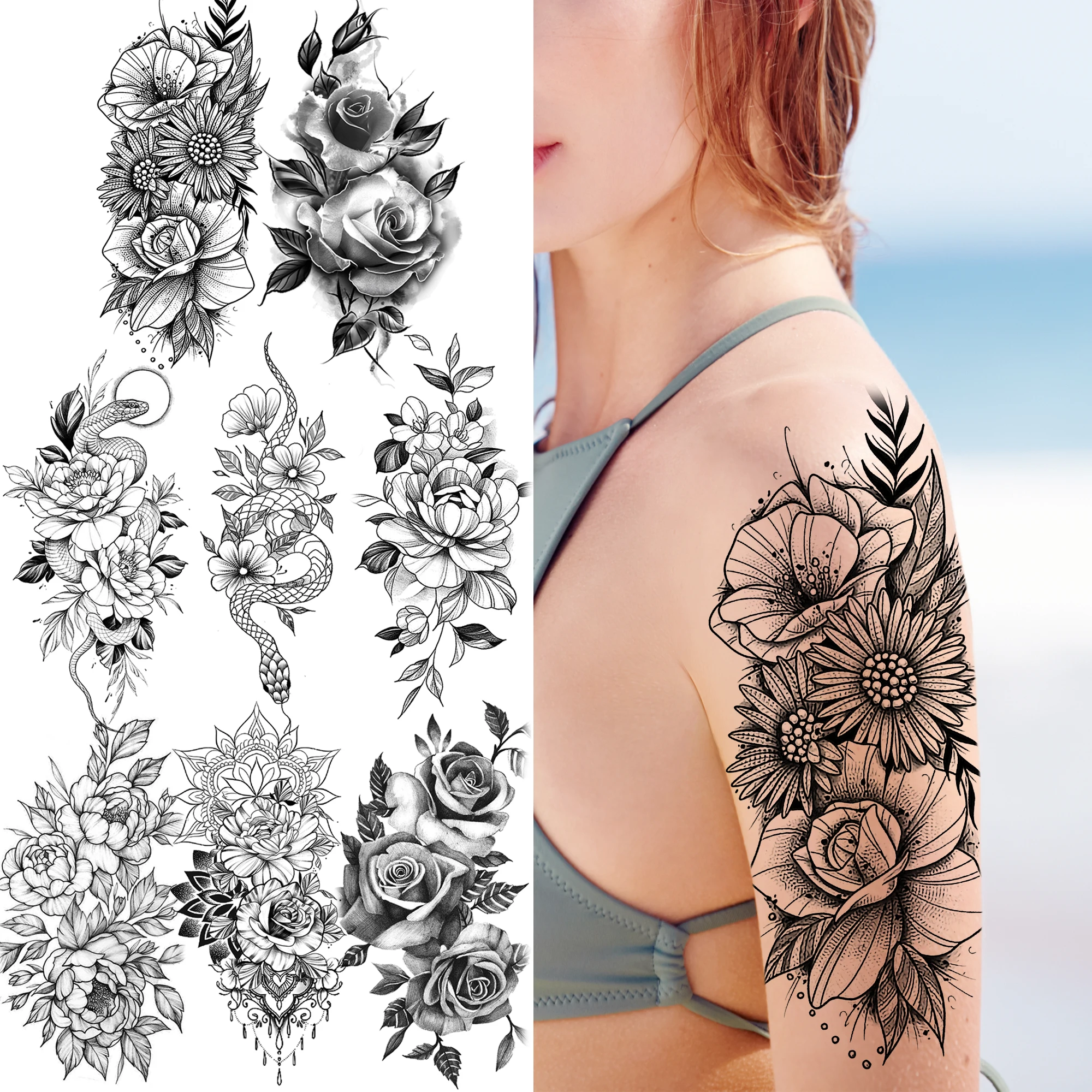 

1 Sheet Sunflower Rose Snake Flower Temporary Tattoos For Women Girls Forearm Arm Body Back Tattoo Sleeve Self Adhesive Beauty