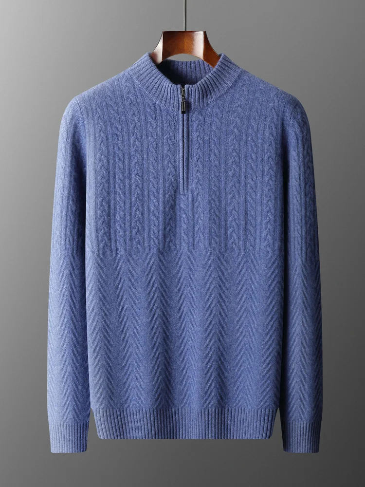 

Thickened half-height zipper neck twisted flower men's pullover cashmere sweater in autumn and winter new casual sweater sweater