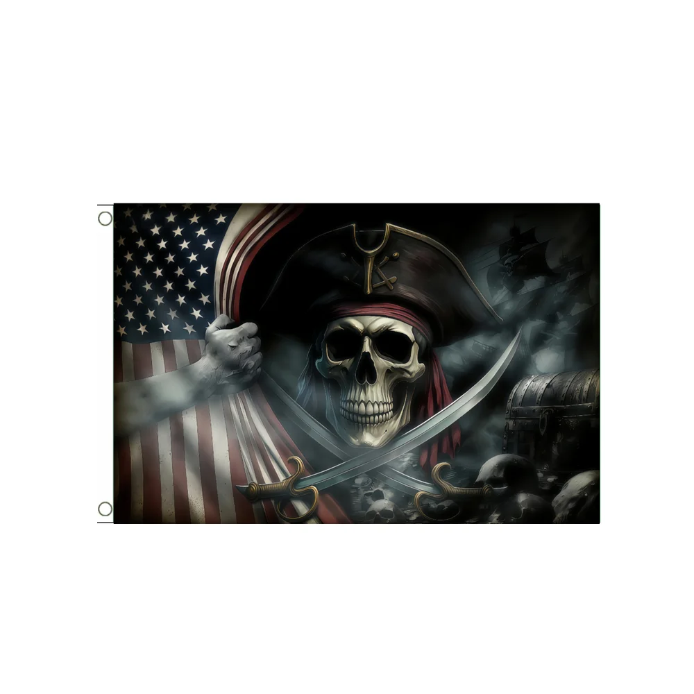 

Jolly Roger Pirate Skull American Flag with Crossed Swords & Treasure Chest 2x3ft 3x5ft Polyester Banner for Bedroom Party Decor
