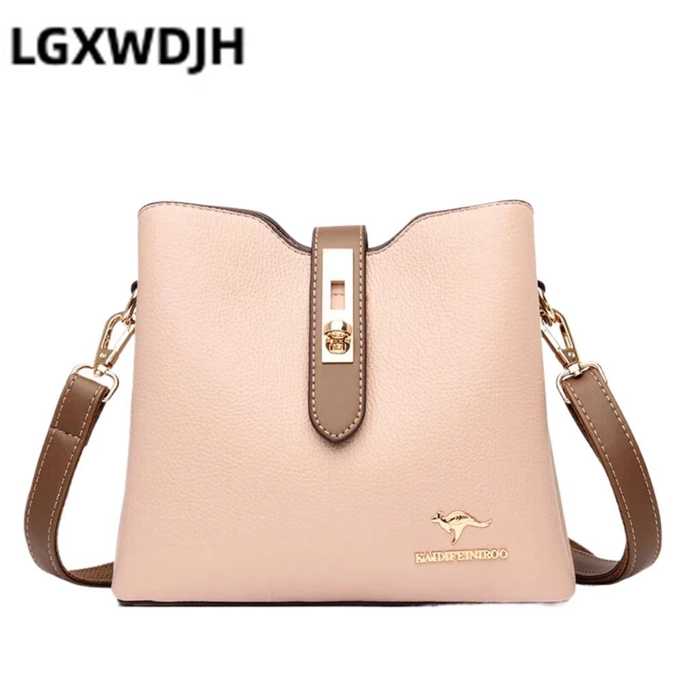 Contrast color lock bucket women\'s shoulder bag  Urban simple composite cowhide crossbody bags  Korean style kangaroo handbag