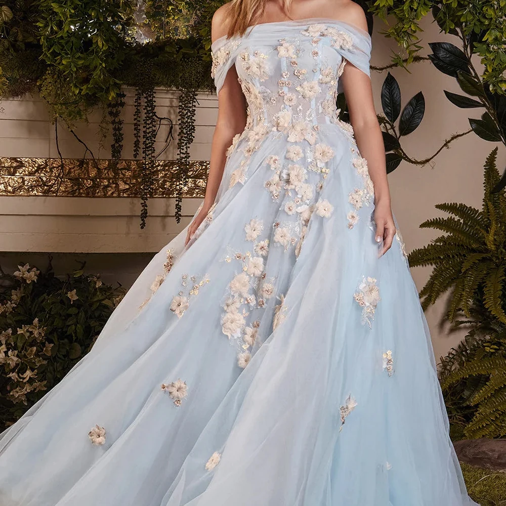 

Delicate Lace Appliques Beading Sequined Evening Dress Blue Off the Shoulder Organza Strapless Sweep Train Open Back Sleeveless