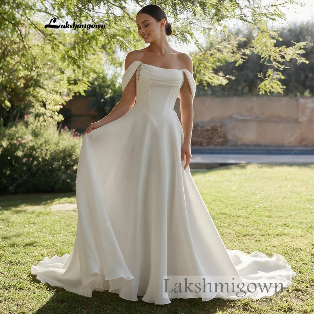 Lakshmigown Einfaches schulterfreies Hochzeitskleid, A-Linien-Brautkleid, plissiertes Korsett, Vestido De Noiva für Strand- und Outdoor-Hochzeiten – Detail 5