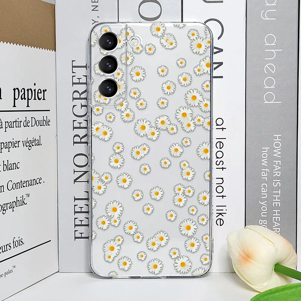 Summer Daisy Flower Phone Case for Samsung Galaxy S24 S23 S22 Plus S21 Ultra S 20 FE 5G Shockproof Transparent Soft Cover Fundas