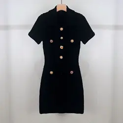 Women Black Tweed Dress Buttons Decoration Short Sleeve Turn-down Collar Elegant Autumn 2024 Mini Robe