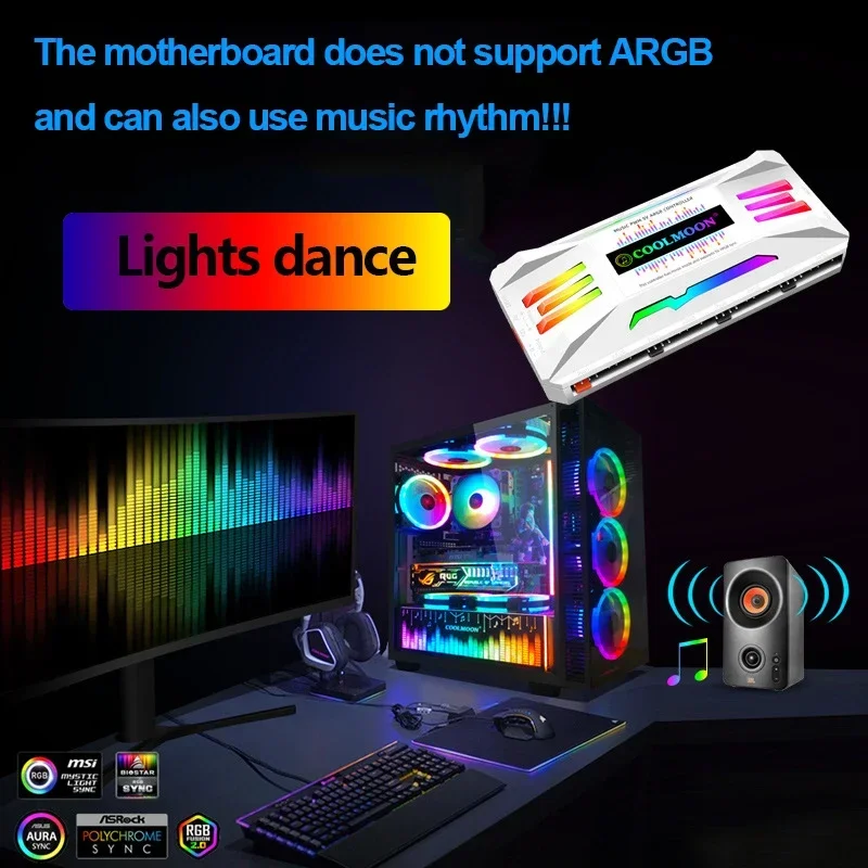 4-in-1 Music PWM ARGB Controller 1to8 Hub 5V 3Pin ARGB Aura Sync 4Pin PWM Temp Adjust Fan Music Rhythm Remote Control Cool Decor