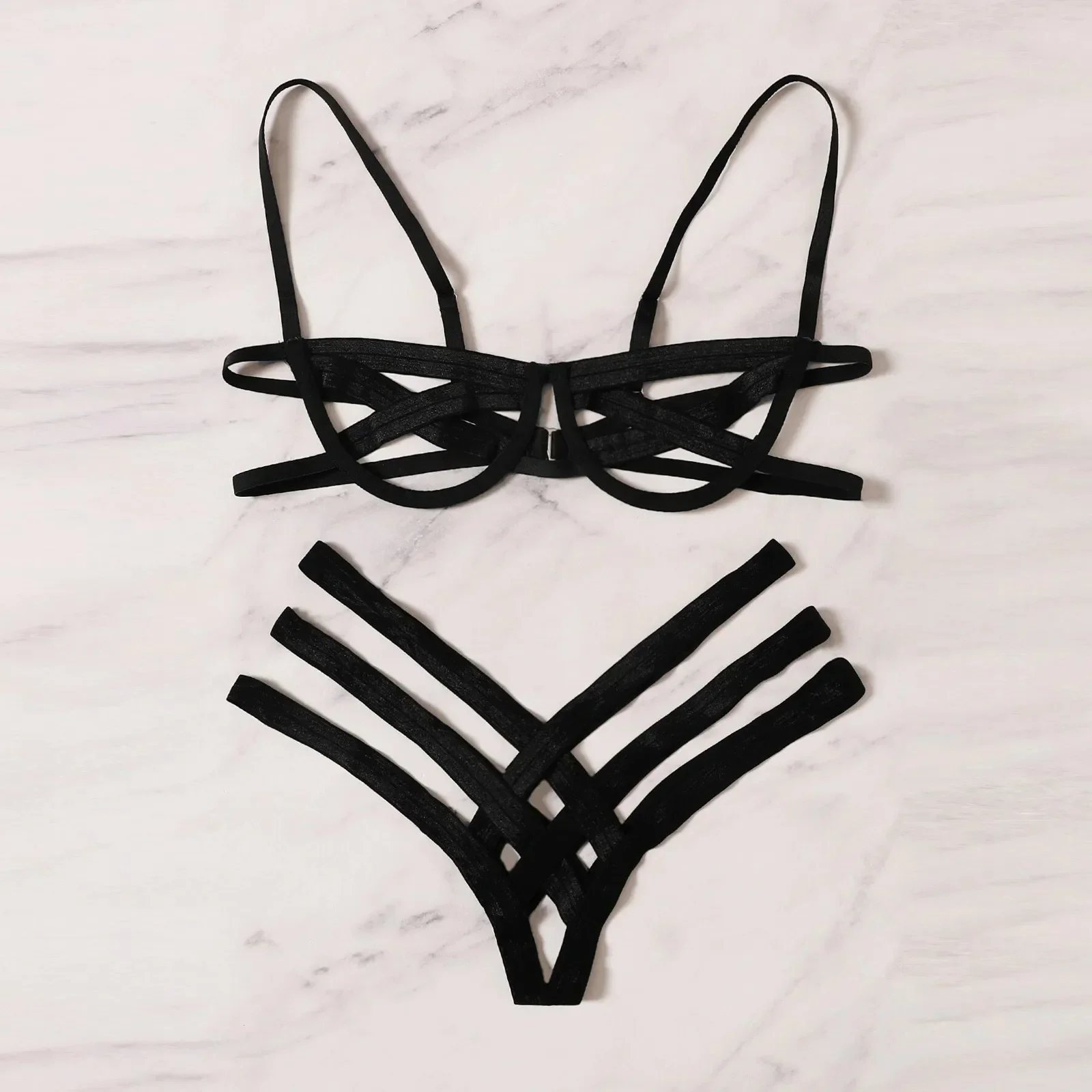 Sexy spodní prádlo Bondage Harness Sexy Lingerie Podprsenka Brief Set Dámské erotické duté černé bez košíčků Podprsenka Cage Sexy Intimates Exotické spodní prádlo - náhled 2