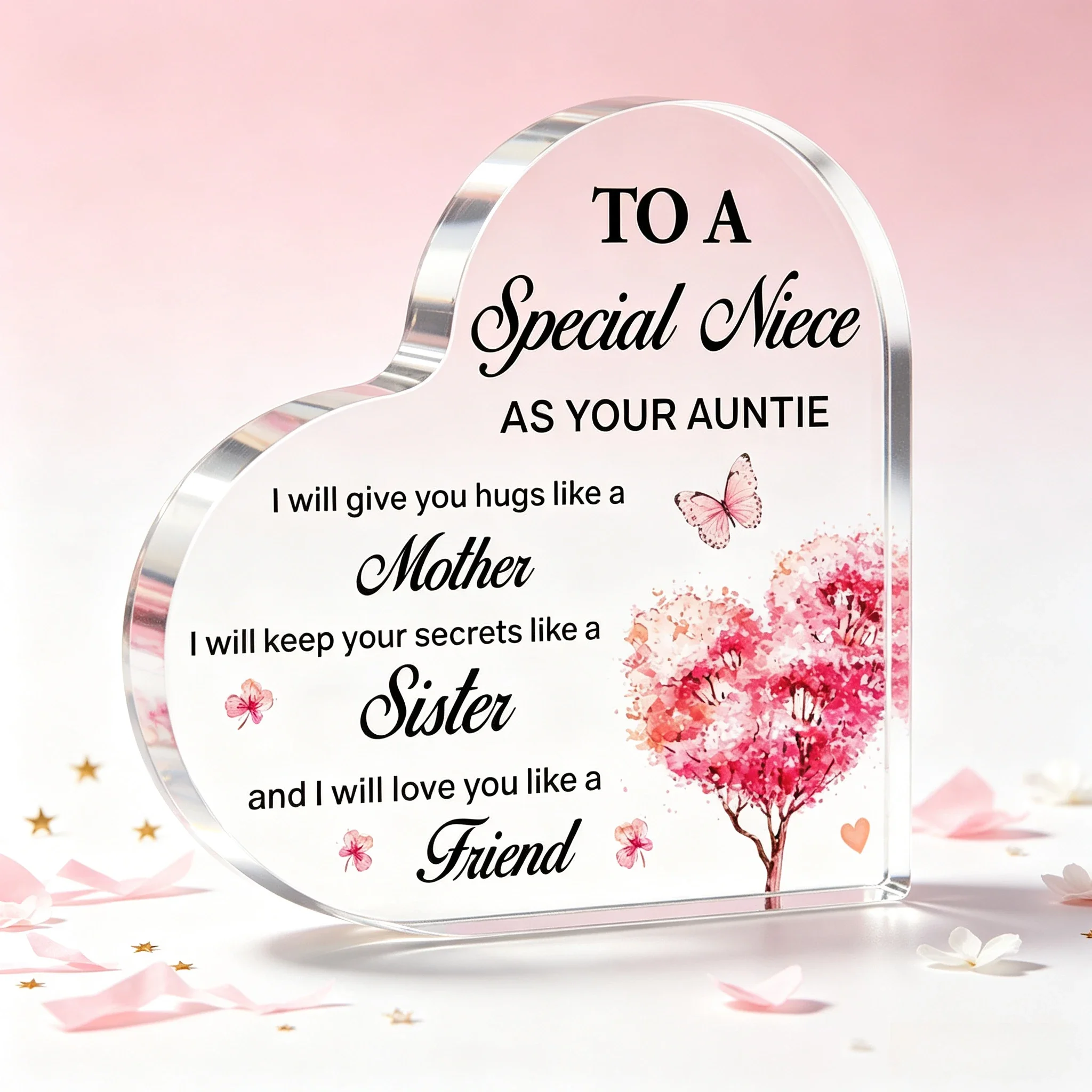 Romantic Pink Floral Tree Butterfly Heart‑Shaped Acrylic Ornament, Birthday Graduation Sentimental Gift for Niece
