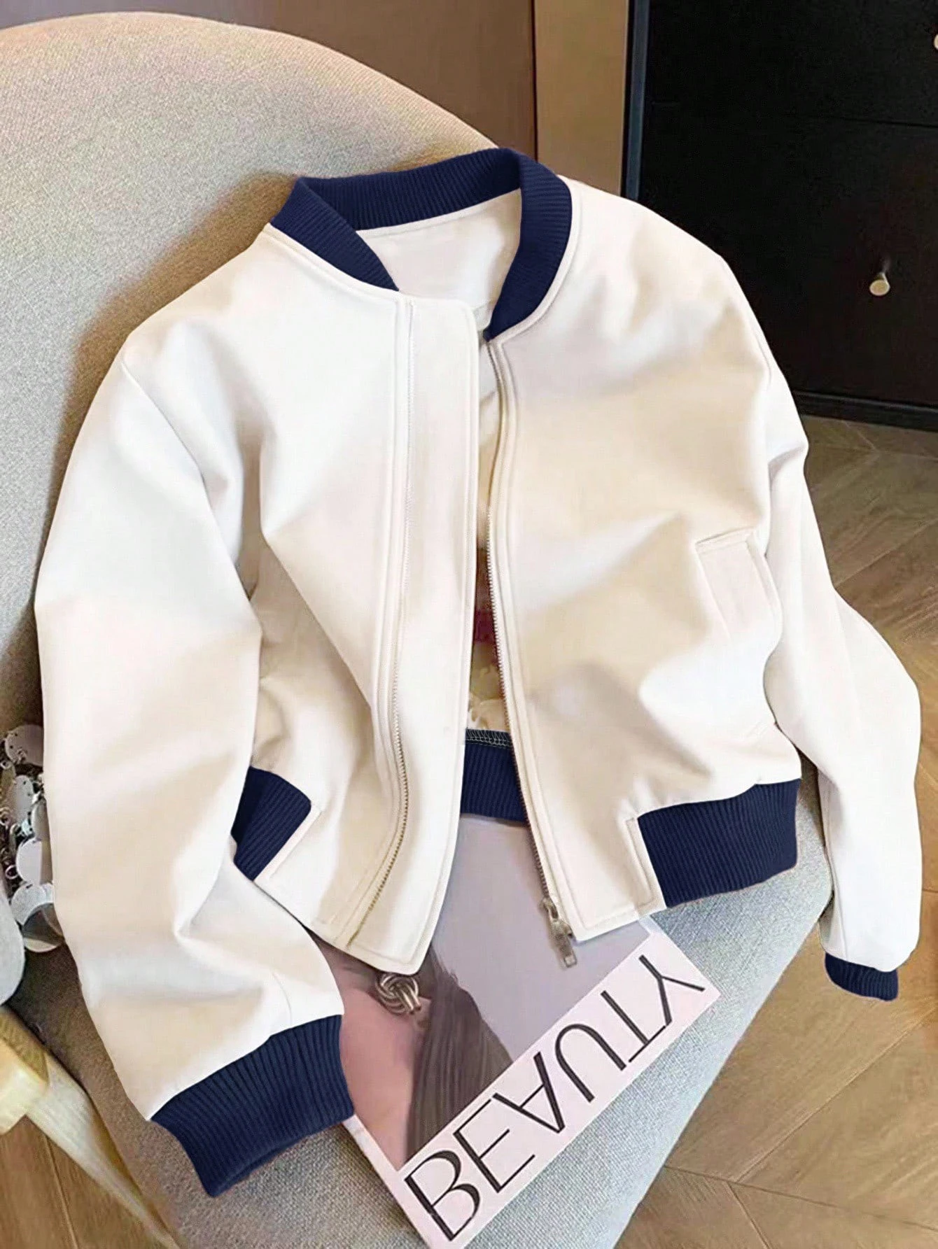 Ladies Elegant Casual Color Block Cuff Knit Cap Sleeveless Jacket Sweatshirt