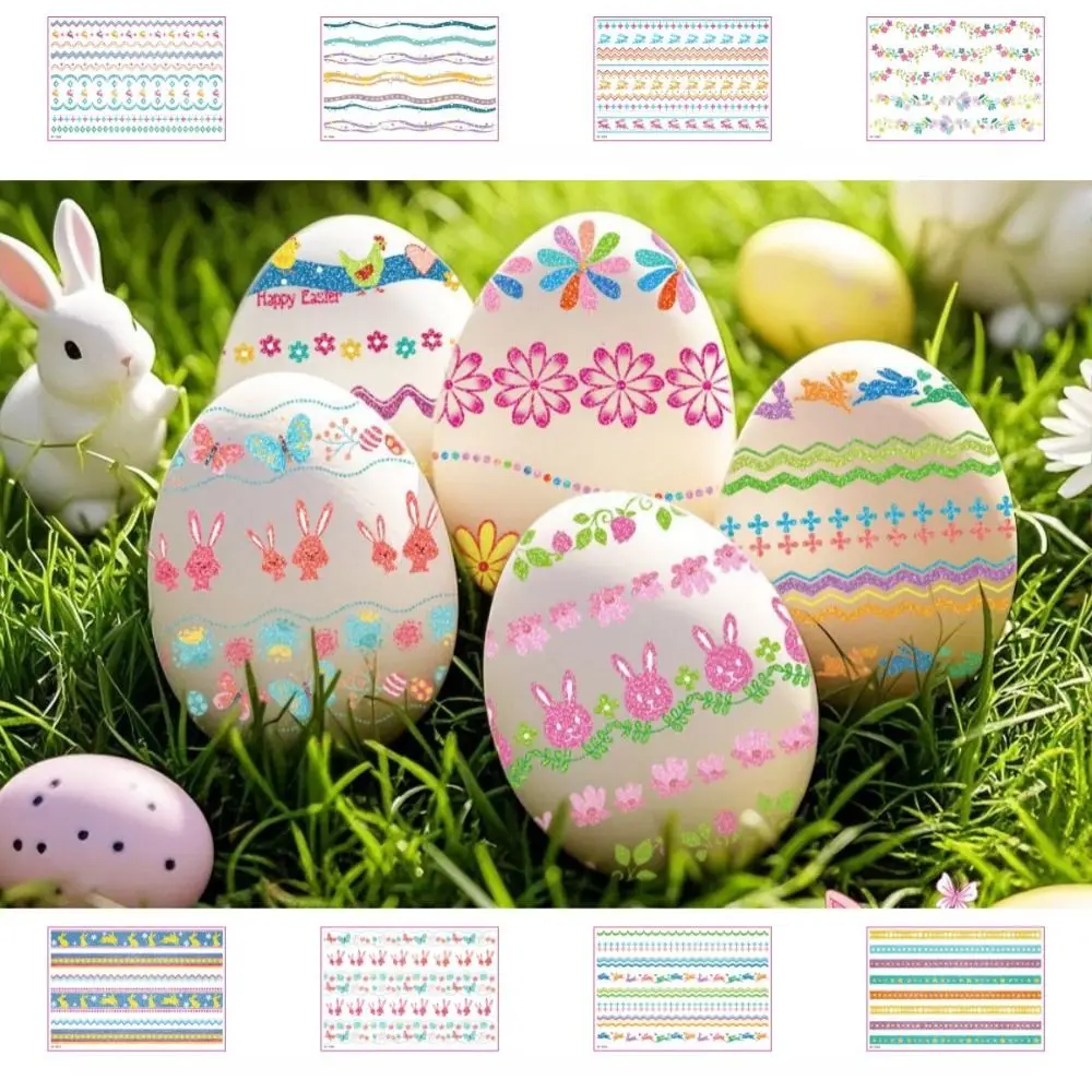 16 Sheets Disposable Easter Egg Stickers Cartoon Bunny Flower Glitter Tattoo Stickers Colorful Stripes Stationery Stickers