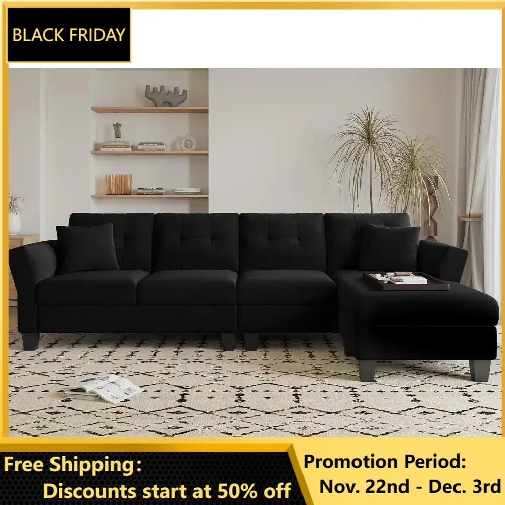 

Living Room Sofa, with Chaise Convertible L-Shaped Couches Reversible Sectional Black Velvet Sectional Couch