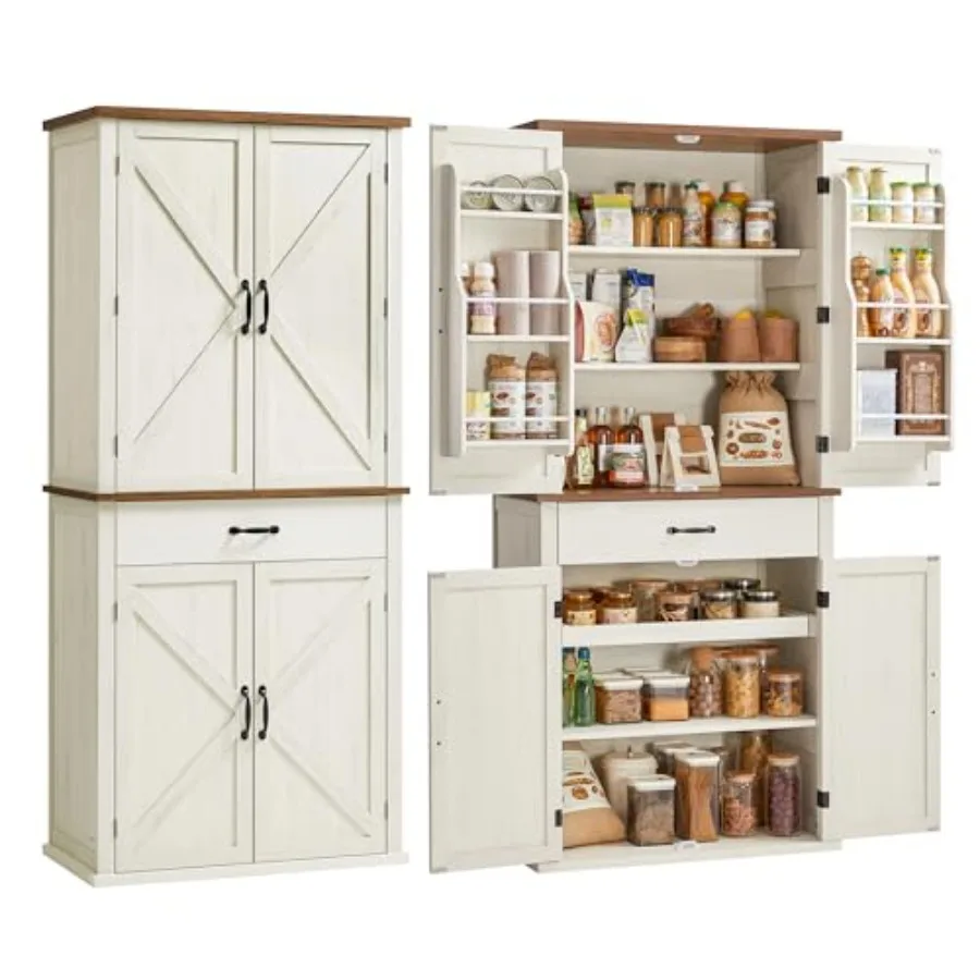 

Высокий кухонный шкаф в стиле фермерского дома высотой 70,3 дюйма с дверцами-амбарными воротами, выдвижным ящиком, регулируемыми полками, белый, в деревенском стиле, для кухни и столовой