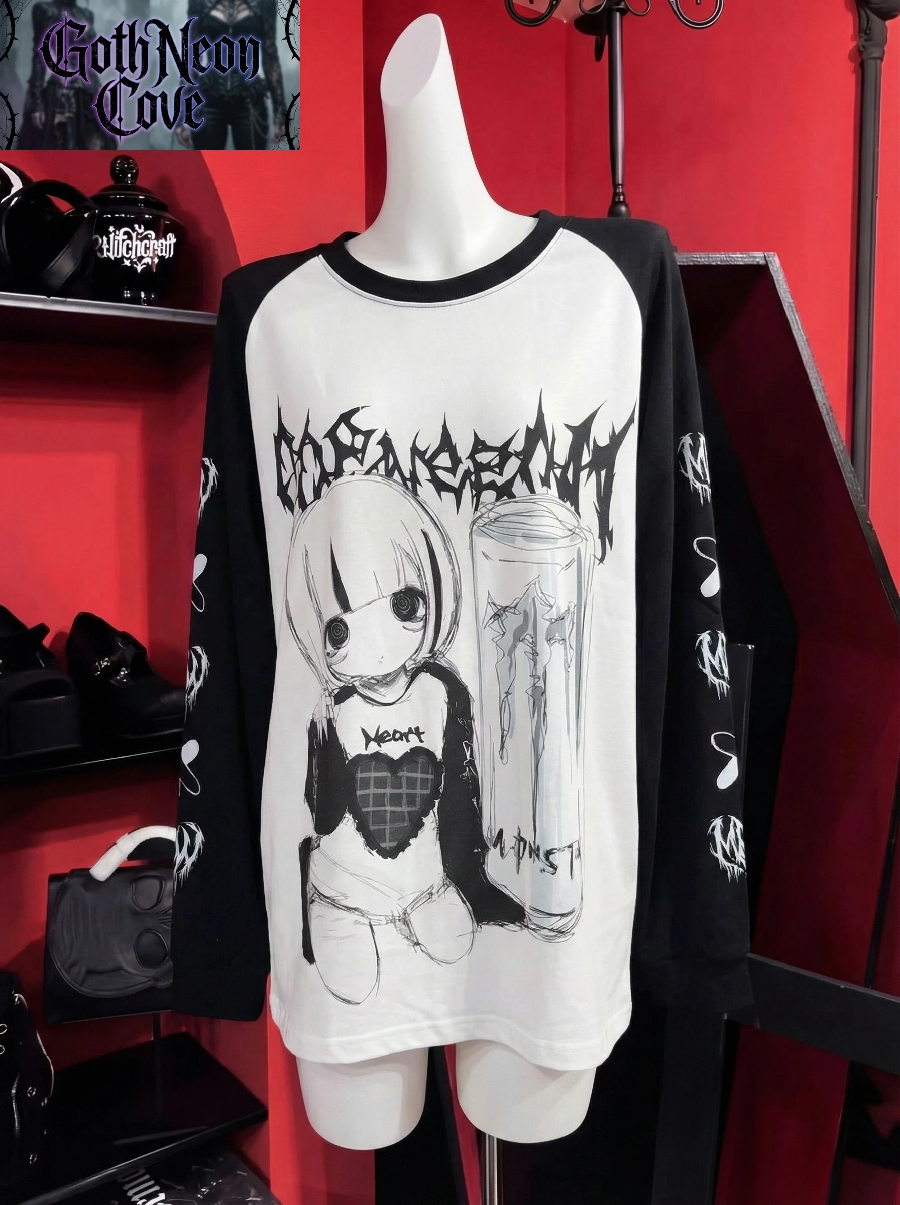 Spring Autumn Japanese Yami Kawaii Girly Goth T Shirt Long Sleeve O-Neck Print Loose Top Jirai Kei Subculture Casual Shirt Women
