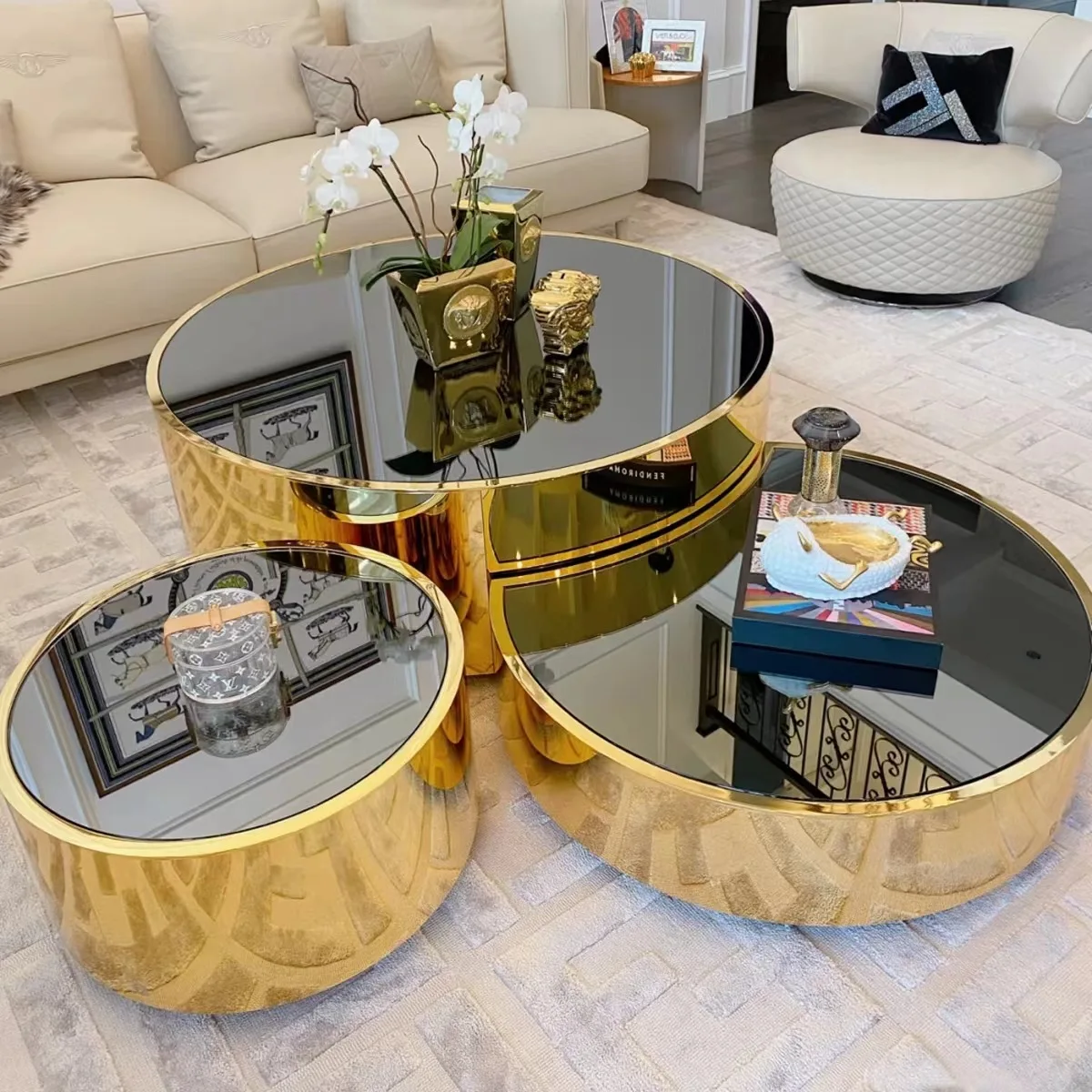 Glass coffee table combination of modern simple home living room stainless steel coffee table villa light luxury round coffee ta