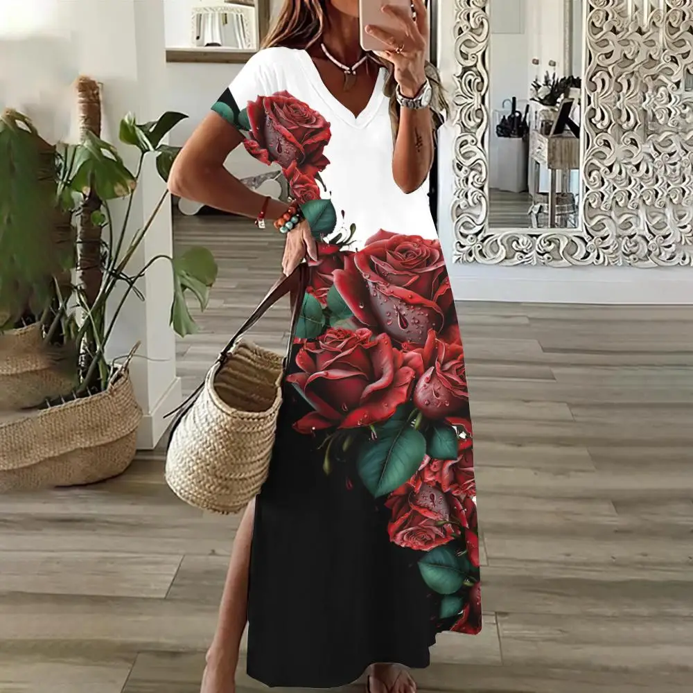 Summer Fashions Women's Dresses Elegant V-Neck Short Sleeves Clothing Woman Flowers Printed Slit Dress Loose Holiday Streetwear