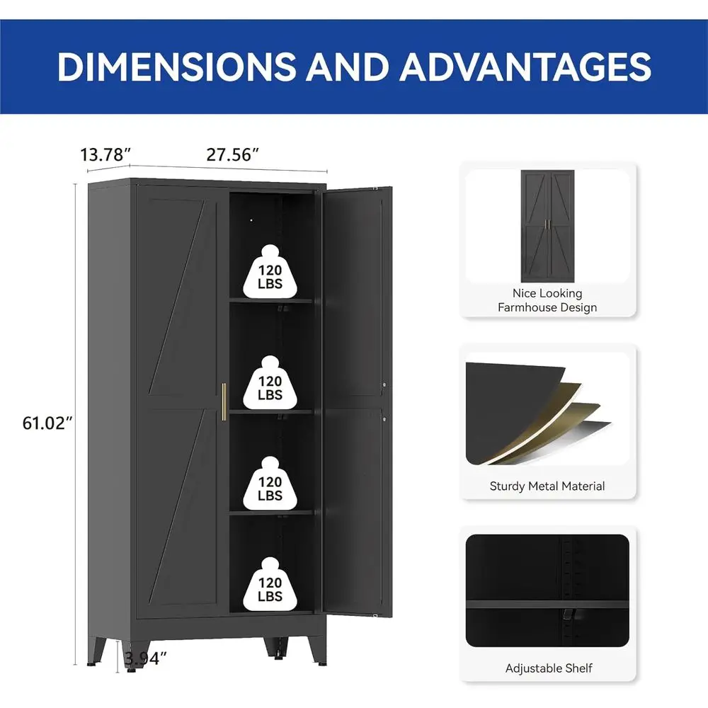 خزانة تخزين معدنية بطول 61 بوصة مع 3 أرفف قابلة للتعديل وأبواب الحظيرة، وخزانة على طراز المزرعة للمرآب والمطبخ والمخزن #3