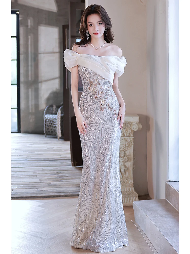 Off Shoulder Evening Dress Women Temperament Sequins Light Luxury Sexy Party Vestidos Celebrity Banquet Shiny Fishtail Dresses