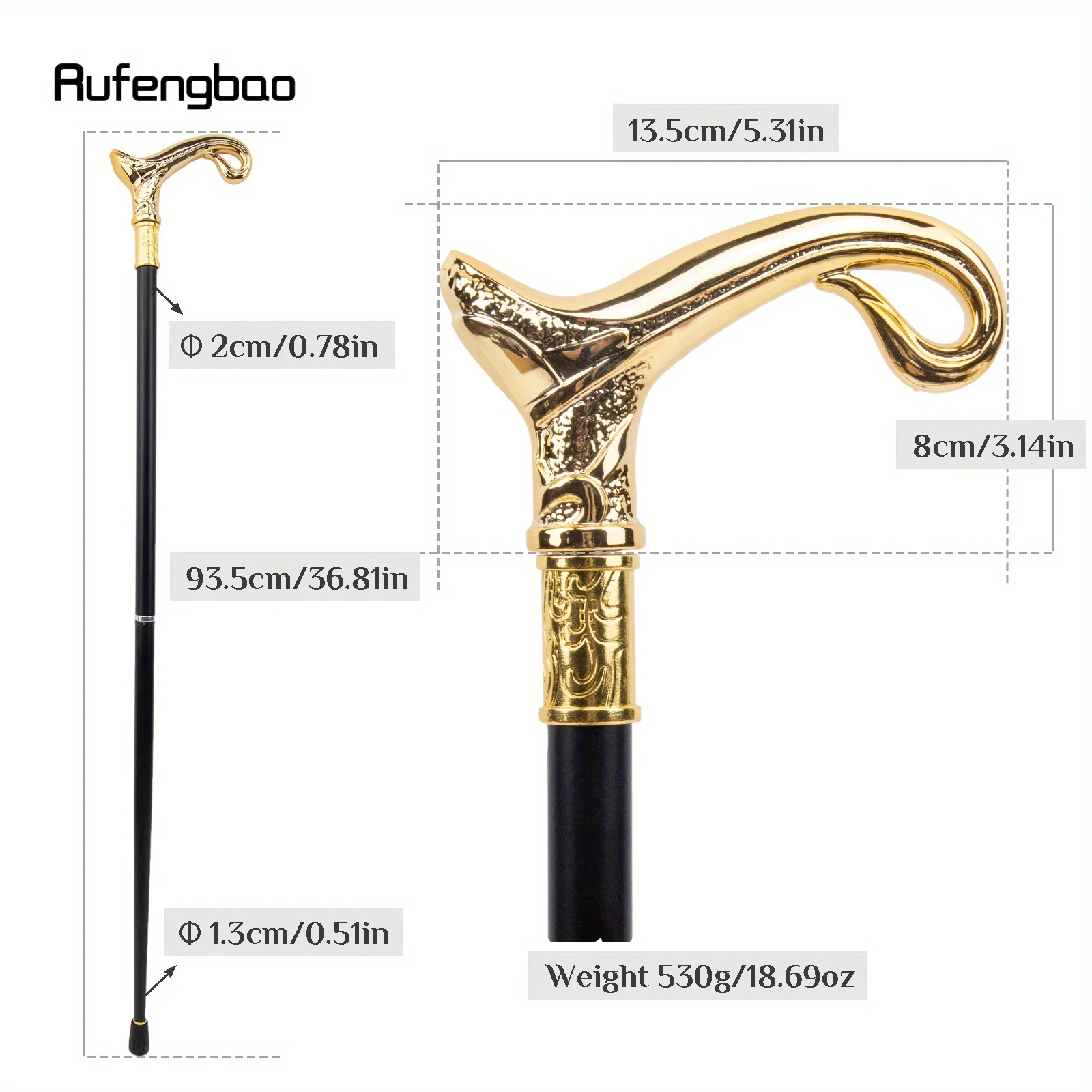 Golden Luxury Curve Line Type Walking Cane Fashion Stick Gentleman Elegant Cosplay Cane Knob Crosier 93cm Performance Stage Cane