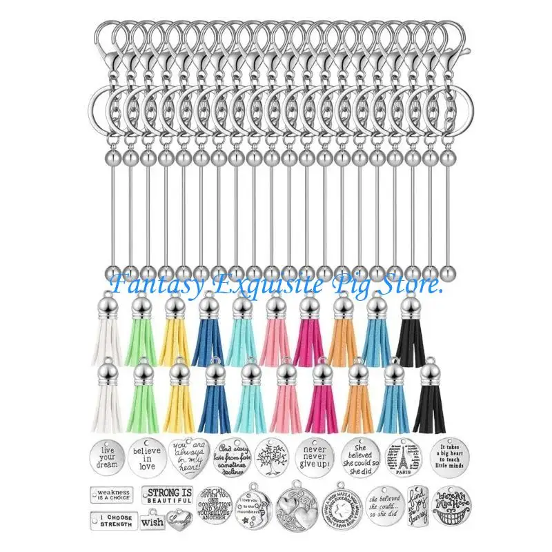 Set of 60 Leather Tassels Keyring with Silver Bead Beadable Keychain Accessories