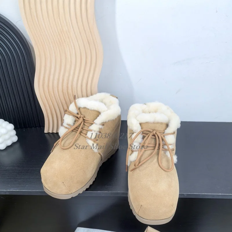 Capibala Cute Design Big Round Toe Women's Cotton Shoes Flat Light Wear Resistant Ski Boots Thickened Wool Warm Lace Up Shoes