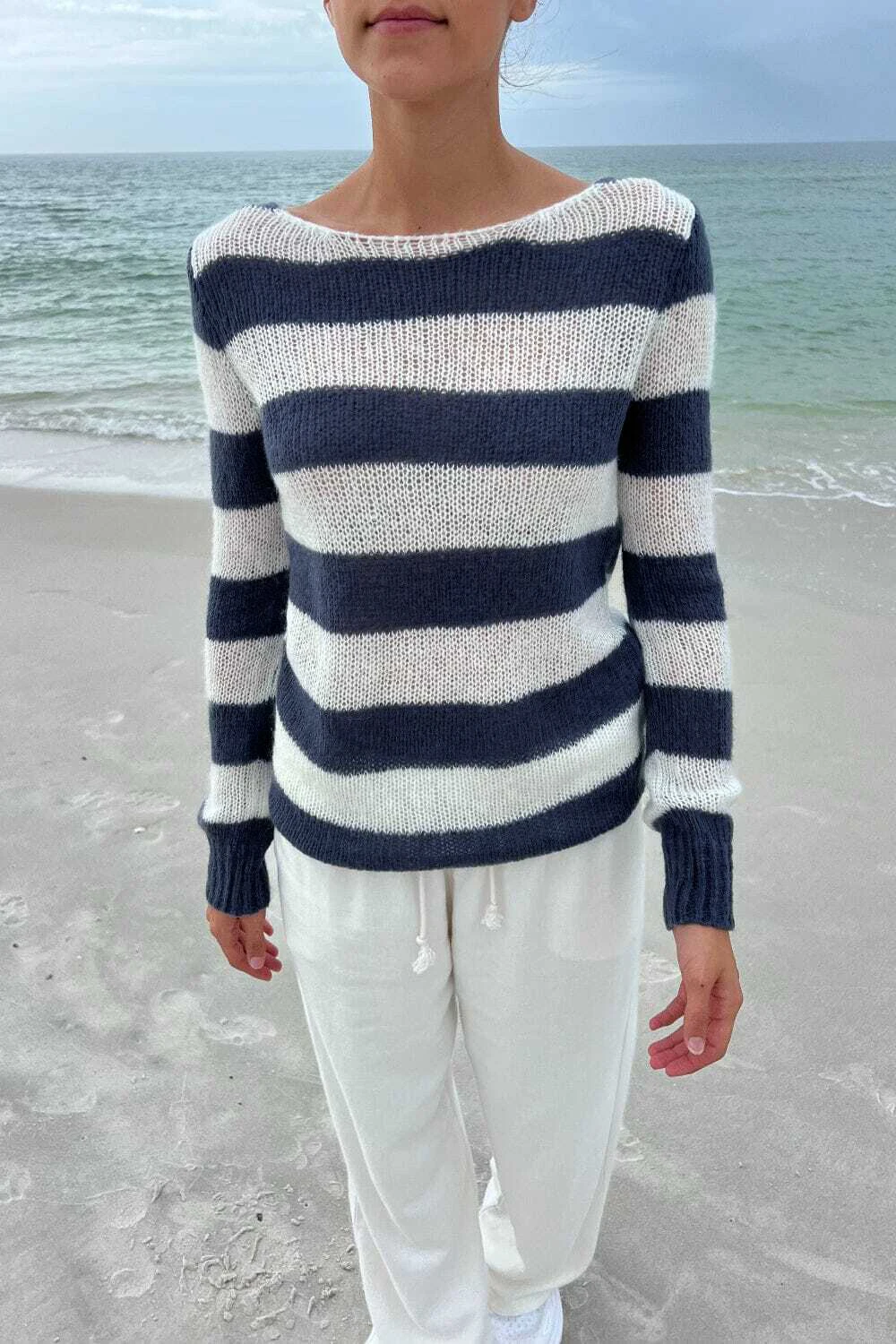 Women's Navy White Striped Boat Neck Sheer Knit Sweater Long Sleeve Casual Beach Top