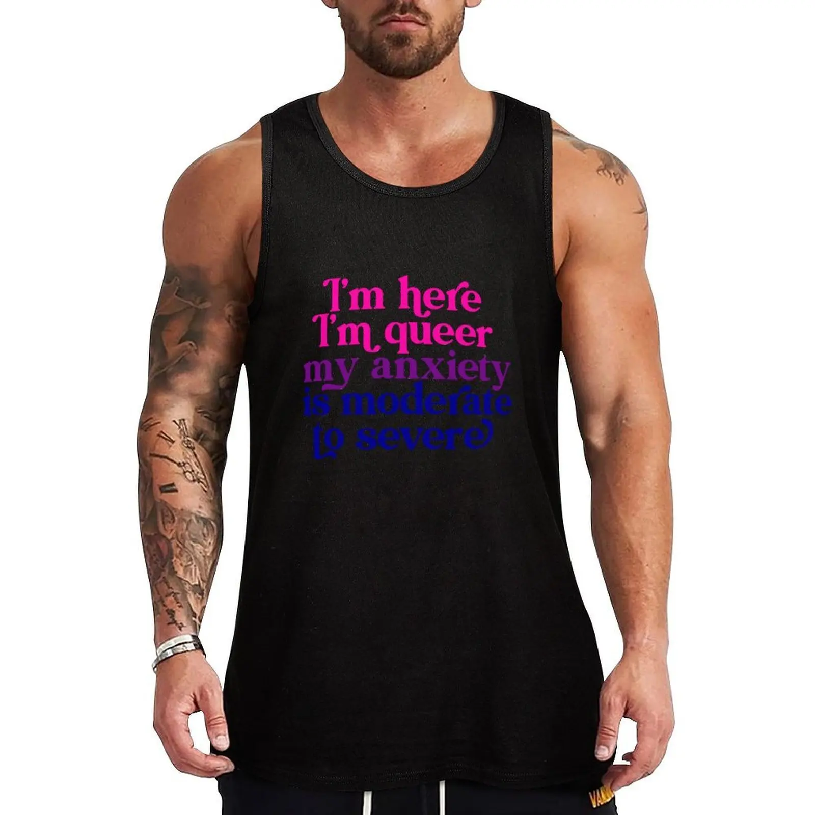 I'm here im queer my anxiety is moderate to severe Tank Top Running Athletic Tank Top Moisture Wicking Sleeveless