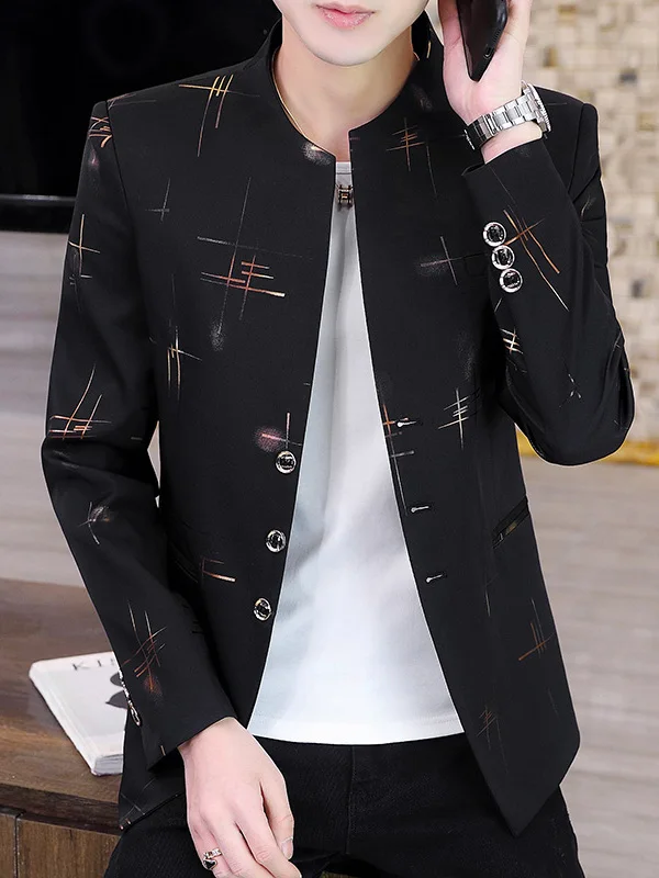 

Slim Fit Men's Printed Jaet Korean Sle Casual Thin Outerwear Collarl Western Suit Polyester Fiber Anti-Wrinkle Treaent