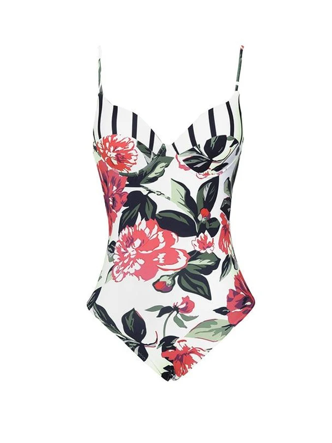 Floral Stripe Print Patchwork Swimwear Female Fashion One Piece Swimsuit And Cover Up Backless Beach Wear Sexy / New 2023