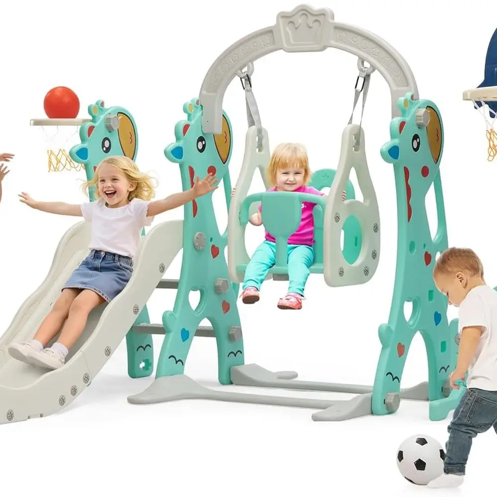 Conjunto de escorregador e balanço infantil 6 em 1 Neekoy para crianças, balanço infantil com cesta de basquete, adequado para playground cinza e verde