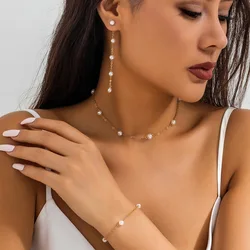 3Pcs Korean Fashion Imitation Pearl Chain Necklace Bracelet Drop Earrings for Women Sweet Piercing Earring Wedding Jewelry Set