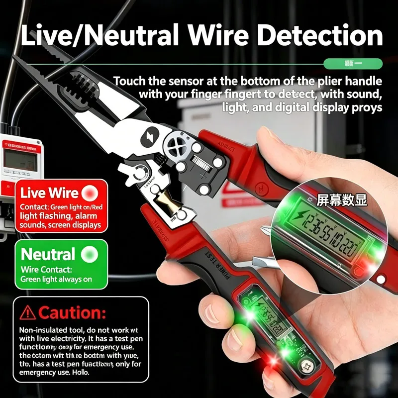 Large Display Digital Voltage Tester Pliers, Multi-Function Long Nose Wire Stripper for Wrapping, Splitting & Cutting