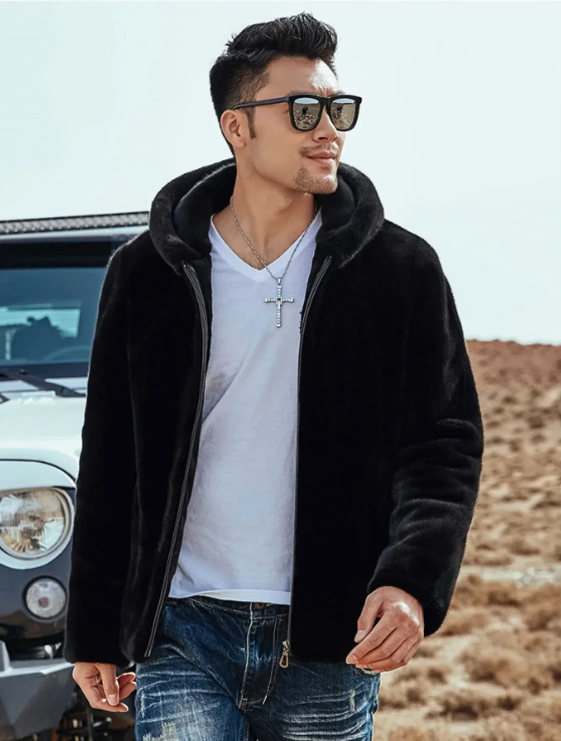 Imitation Rabbit Fur Coat Men's Medium And Long 2024 Winter Imitation Fur Men's Hooded Jacket Casual Fashion Daily Solid Color