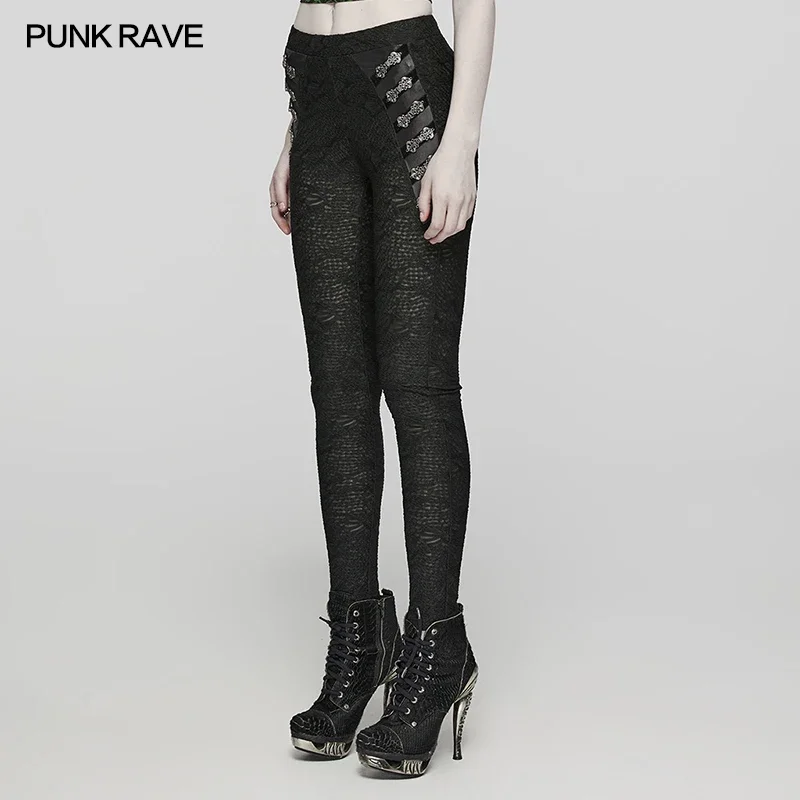 PUNK RAVE Women\'s Gothic Stretch Texture Leggings Engraved Buckle Decoration Slim Sexy Pants Women Clothing