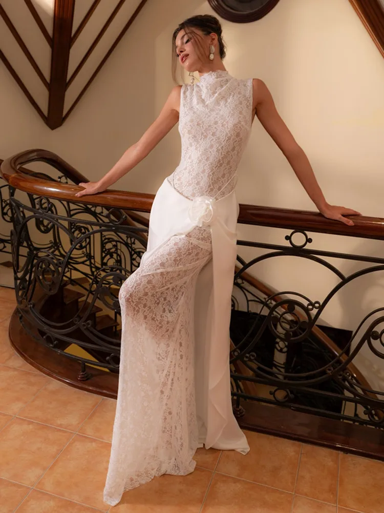 Sukienka maxi z koronką i kwiatami, seksowna, elegancka, na wieczór, imprezę, do klubu, stylizacja celebrytów, model 2026.