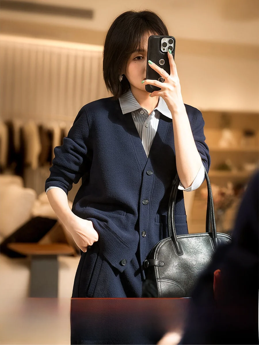 

Xhange Lazy Leisure Three-Piece Set Women's Spring Cotton Knitwear Cardigan Casual Pants Skirt Comfortable Long Sleeve