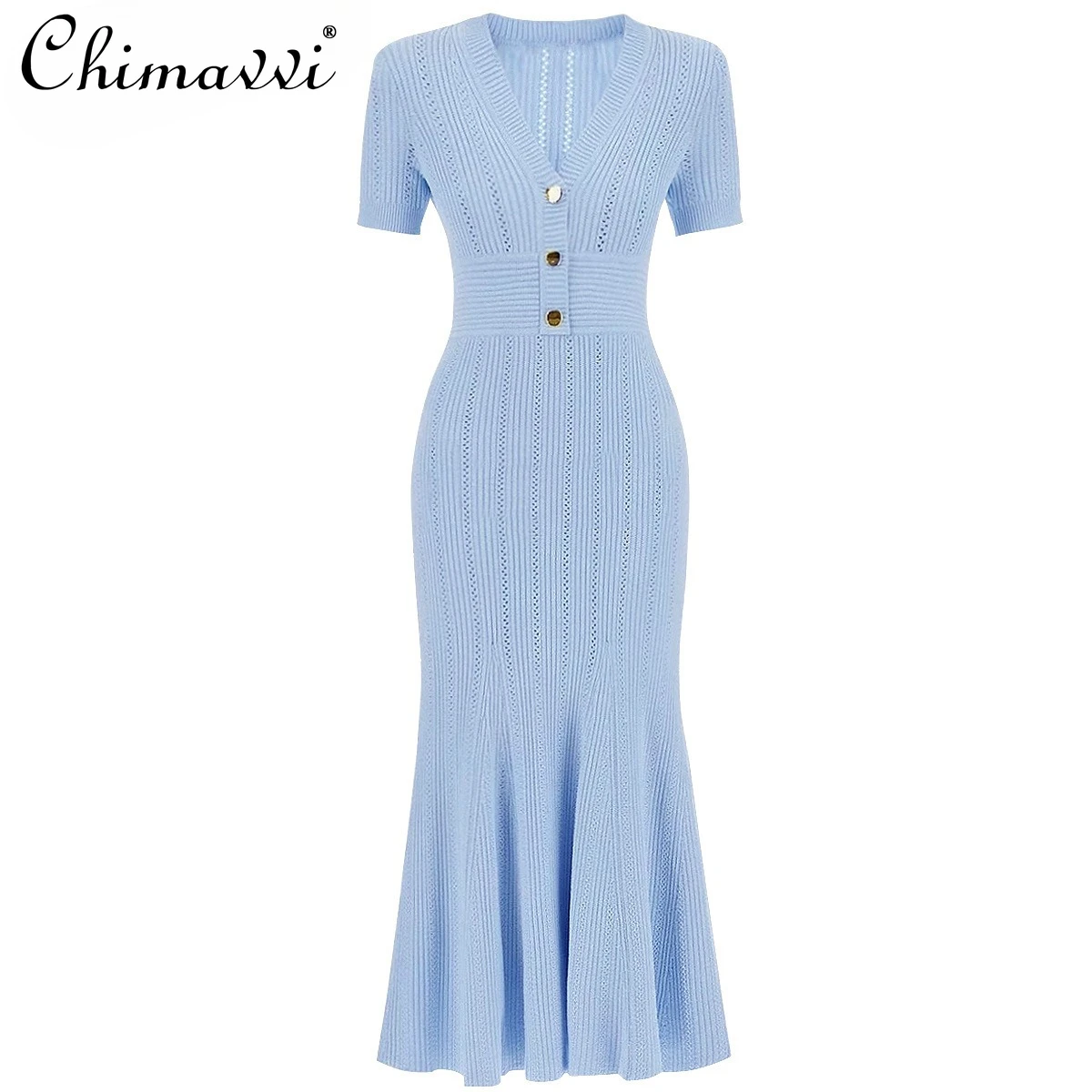 Francuska elegancka, dojeżdżająca do pracy, temperamentna, długa sukienka z dzianiny, dekolt w serek, z krótkim rękawem, jednorzędowa, wysoka talia, wąska sukienka z rybim ogonem, damska