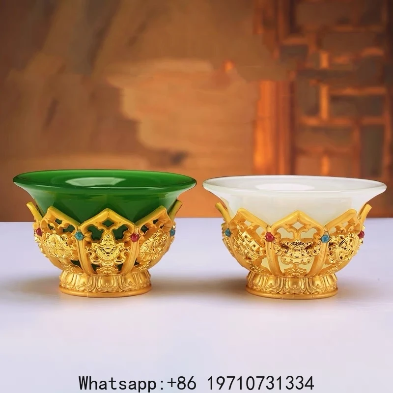 

Golden Tibetan Ghee Bowl Zinc Alloy Tantric Holy Water Cup 8.5 cm Engraved Buddhist Green Stone Bowl Gift Desktop Decorative