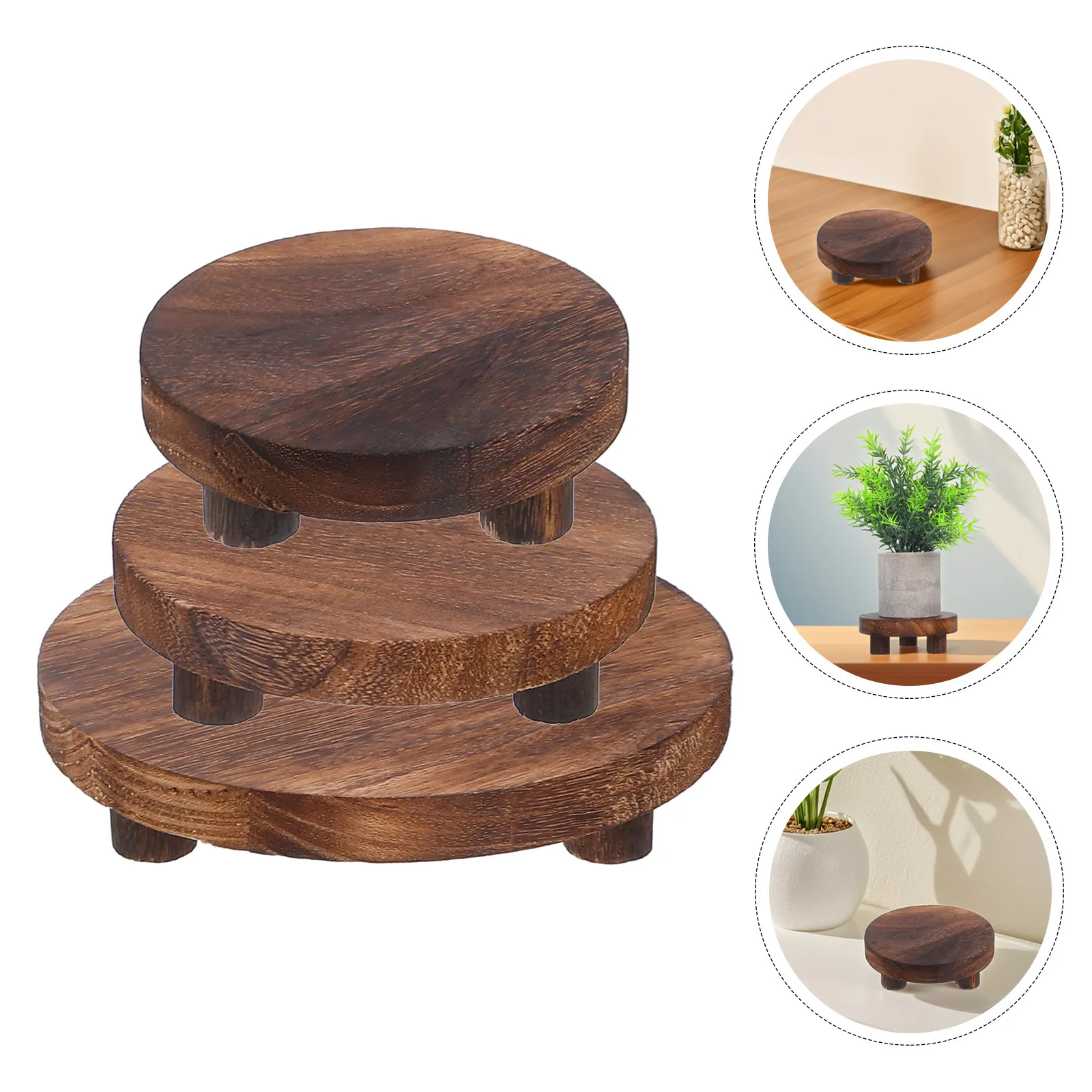 3Pcs Round Wood Plant Stand Small Wooden Riser Pedestal Stool Display for Garden Home Office Table Desktop Plant Pot Stand