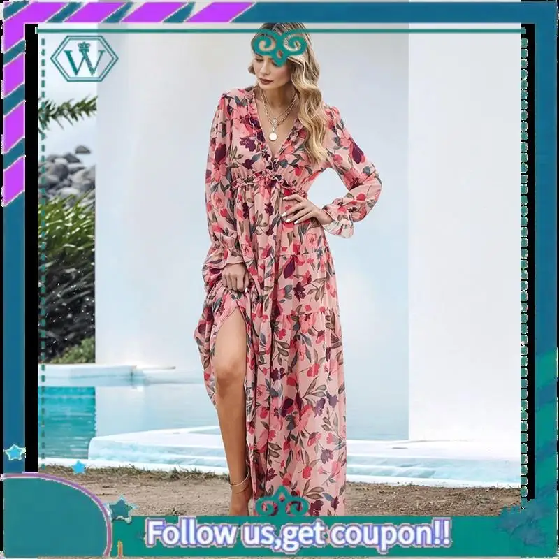 A09P Damska codzienna sukienka boho z głębokim dekoltem w serek i długim rękawem