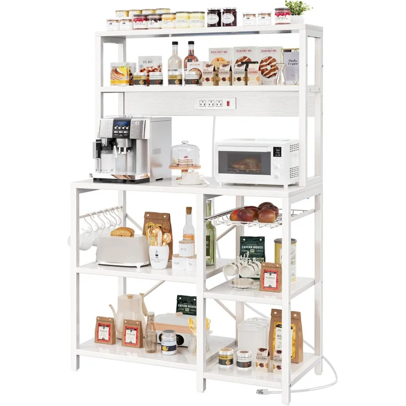 Bakers Rack with Power Outlet, 35.4 Inches Coffee Bar with Wire Basket, Kitchen Microwave Stand with 6 S-Shaped Hooks, Open Stor