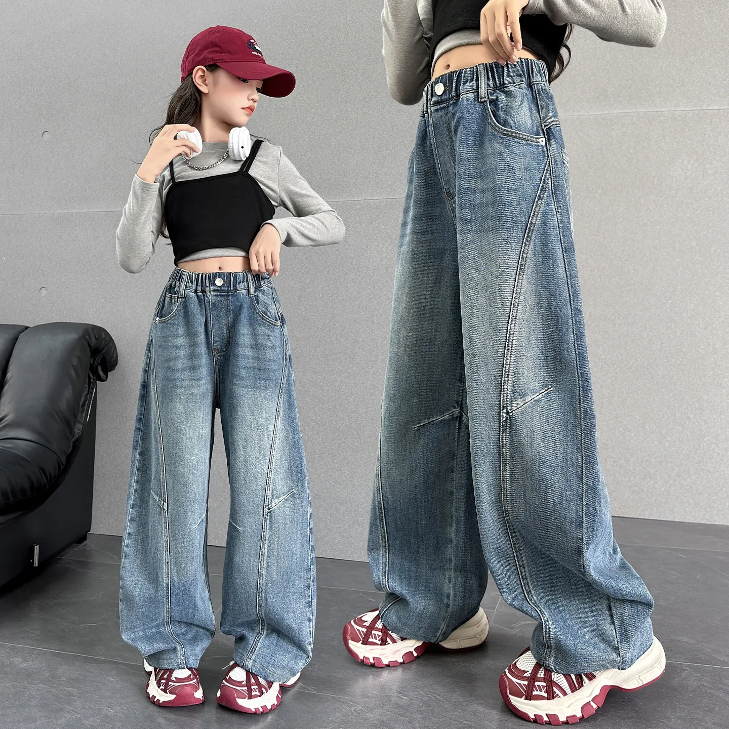 Girls jeans casual scimitar pants autumn  sweet side splicing fashionable straight pants suitable for children aged 5-15