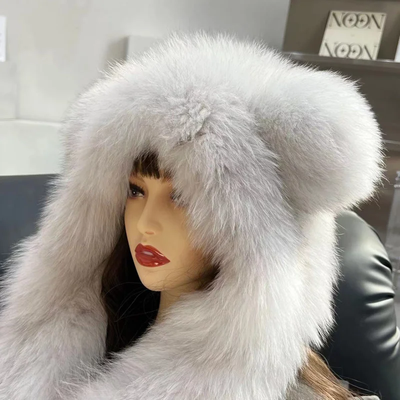 Fox Fur Hat Scarf Winter Real Fur Hat Warm Earprotect Cap Fluffy Natural Fox Fur Hats Luxury Knit Genuine Fur Hooded Scarf Lady