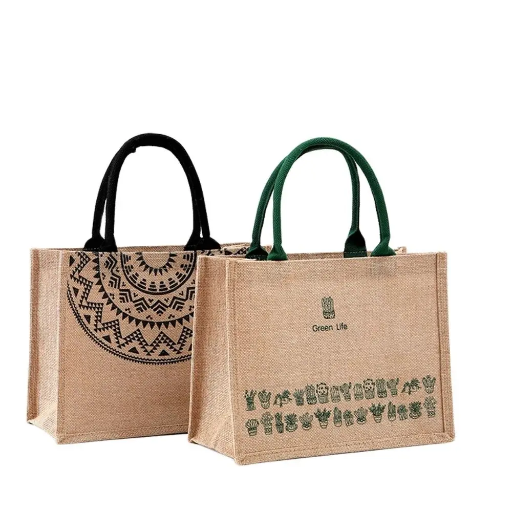 Waterproof Burlap Jute Shopping Handbag Loop DIY Linen Hand Drawn Cotton Sacks Reusable Tote Grocery Bags for Women Girls