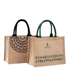 Waterproof Burlap Jute Shopping Handbag Loop DIY Linen Hand Drawn Cotton Sacks Reusable Tote Grocery Bags for Women Girls