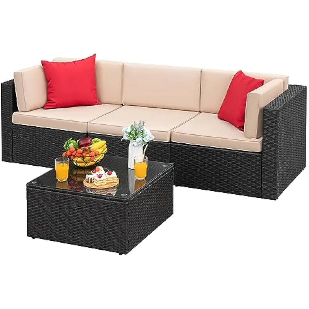 

Patio Furniture Set 4 Piece Wicker Outdoor Sectional Sofa with Thick Cushions & Tempered Glass Table Patio Conversation