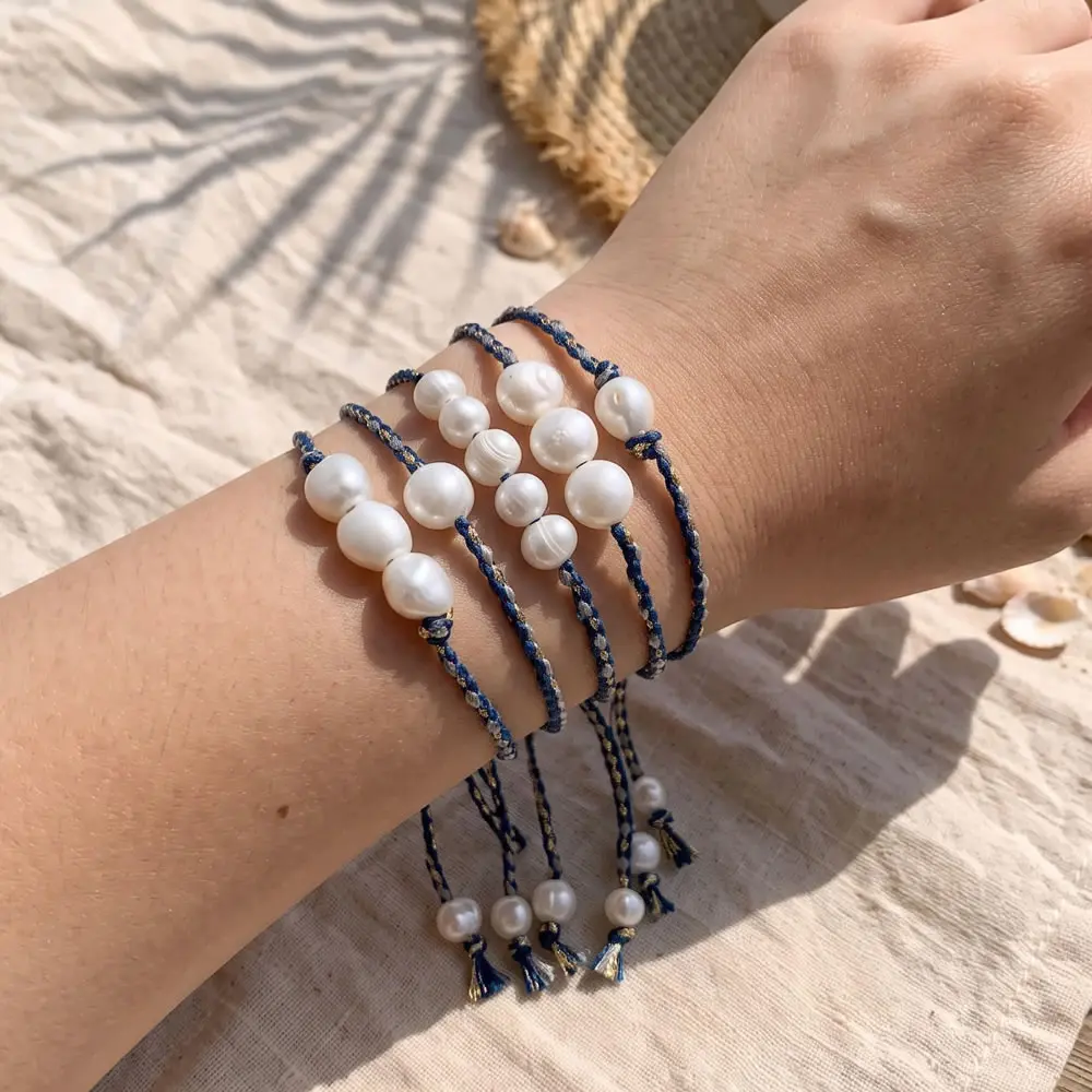 Natural Baroque Pearl Charm Bracelets for Women Dark Blue Rope Chain Adjustable Irregular Potato Pearl Friendship Bracelets Boho