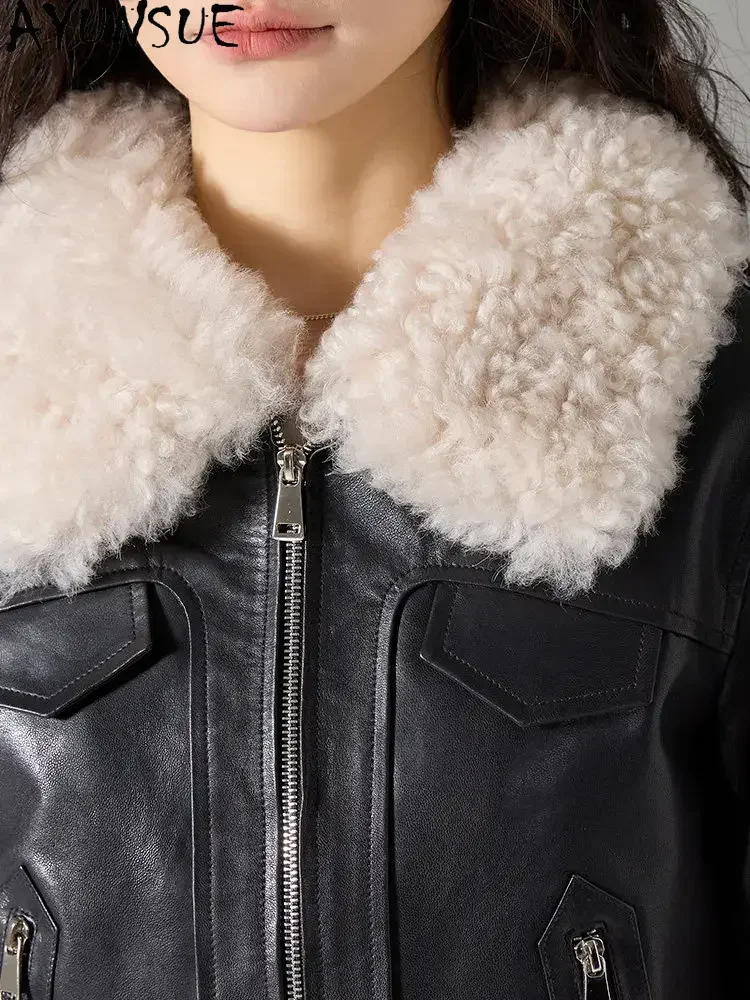 AYUNSUE Vegetable Tanning Sheepskin Jacket Women 90% White Goose Down Coat Woman Lamb Wool Collar Winter Clothes Косуха Женская