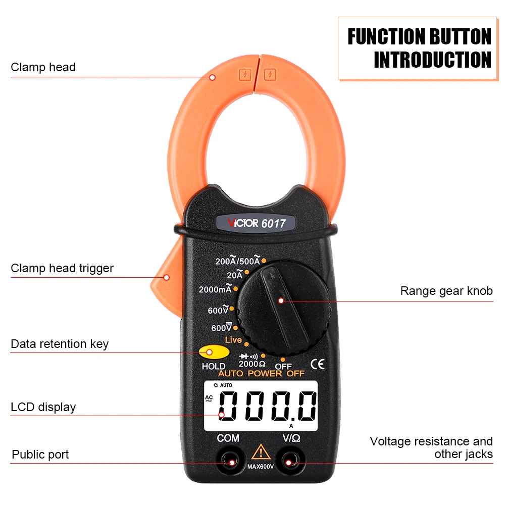 Victor 6017 Mini Digital Clamp Meter Pliers Ammeter Pocket Electrical Meter AC 2000Ω 600v Diode Current Voltage Live Wire Tools