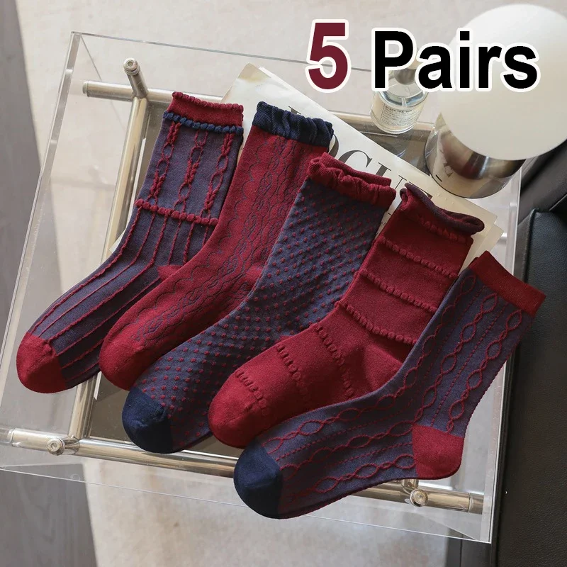 5 Pair Angora Red Rolled Edge Women Mid Tube Socks Fashionable Retro Style Soft and Comfortable All Season Casual Socks