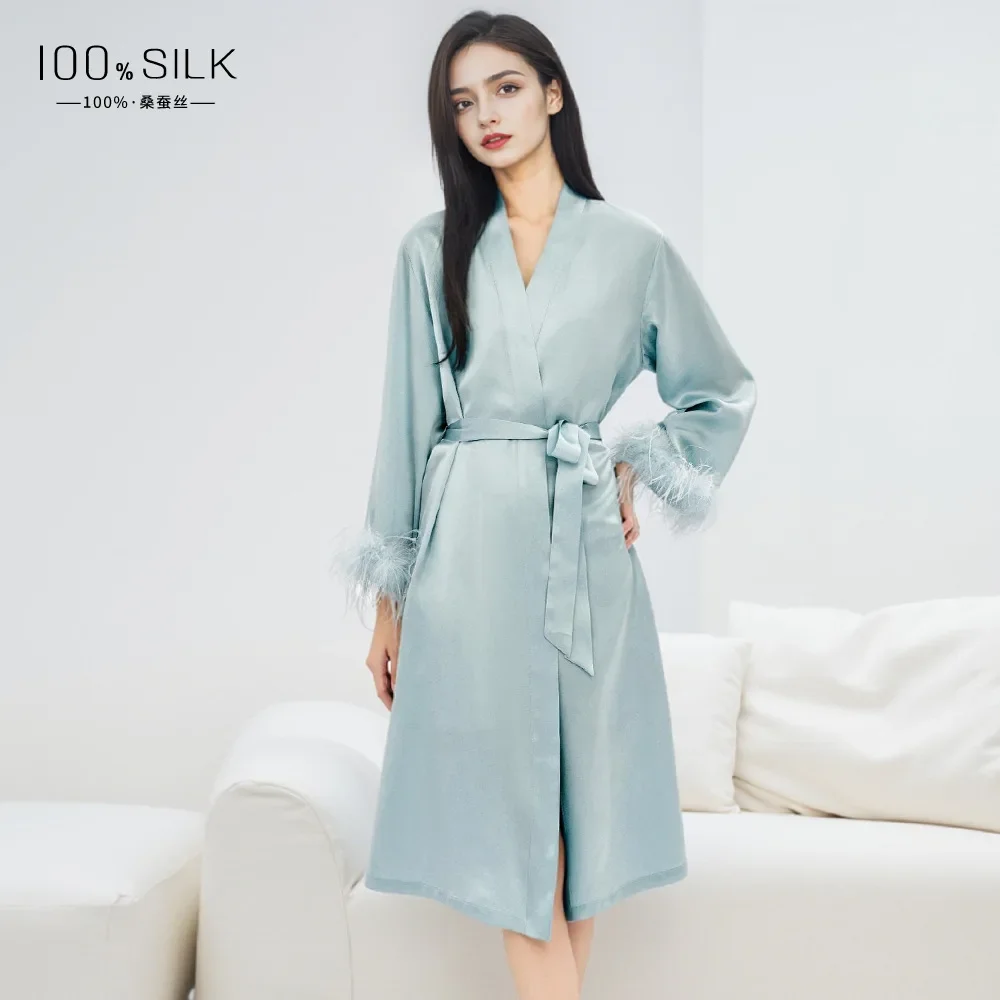 19MM 100% Mulberry Silk Morning Robe Heavy Silk Sleepwear Sexy Female Luxury Nightgown for Night with Detachable Feather Cuffs