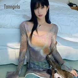 Tonngirls Vintage Tie Dye T Shirt Women See Through Irregual Y2k Retro Tops Streetwear 2000s Japanese Flare Sleeve Mesh Tops